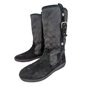COACH! "TULLIP" BLACK LOGO FABRIC, SUEDE LEATHER BOOTS! SZ 9.5B